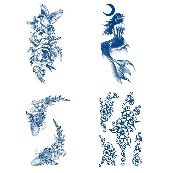 Aresvns Dark Blue Mermaid Floral Shark Waterproof Temporary Tattoos, 1-2 Weeks, 4 Count