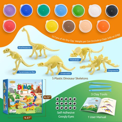 Drama Planet Dinosaur Air Dry Clay Kit – Create 5 Dinosaur Models with 12 Colors of Modeling Clay, Instruction Guide – Fun & Educational Craft Set for Kids