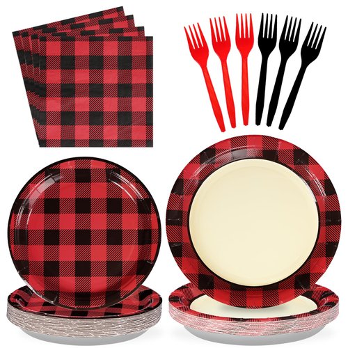 96PCS Red and Black Buffalo Plaid Party Supplies Buffalo Plaid Party Plates Disposable 350GSM Christmas Red Black Gingham Tableware for Birthday Lumberjack Christmas Party Decorations, Serves 24
