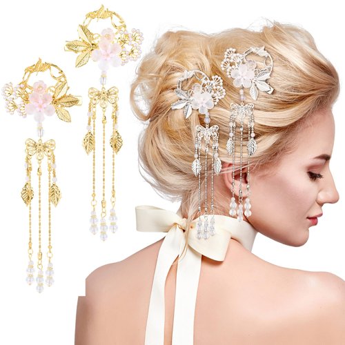 Nuorest 2 Pairs Chinese Tassel Hair Clips, Flower Alloy Hair Barrettes, Gold Silver Retro Hair Styling Clips, Vintage Hair Accessories for Women, Girls, Parties, Hanfu, Dress (4pcs)