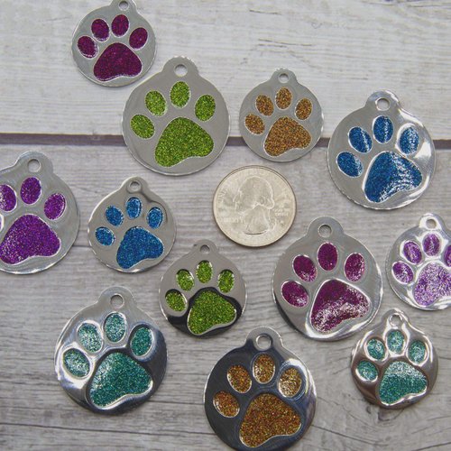 Engraved Pet Tag for Dogs & Cats - Personalized with 4 Lines of Custom Engraved ID, Round Paw Print Stainless Steel Enameled Deep Pink Regular