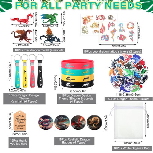 Wettarn 162 Pcs Dragon Birthday Party Favors for 16 People, Includes Dragon Tattoo Stickers Button Pins Bracelets Keychains Mini Dragon Model Organza Bags Card Tags for Dragon Birthday Party Supplies