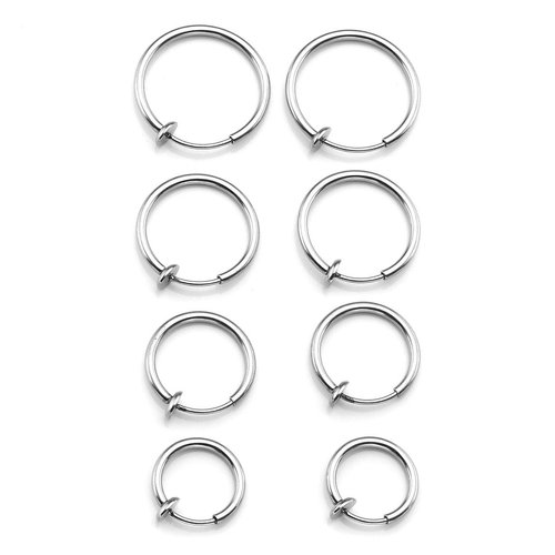 PiercingJ 4Pairs Hoop Rings Stainless Steel 14G Fake Nose Ring Spring Hoop, Clip On Earrings Fake Septum Cartilage Earrings Lip Ring Non Piercing Hoop Faux Body Piercing Jewelry 10-16mm