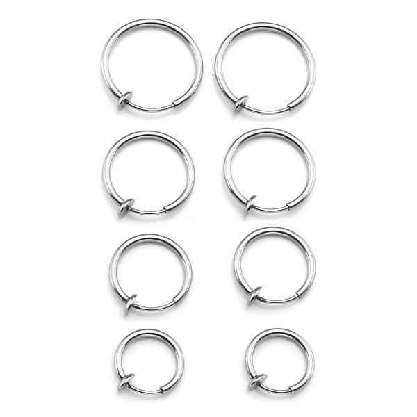 PiercingJ 4Pairs Hoop Rings Stainless Steel 14G Fake Nose Ring Spring Hoop, Clip On Earrings Fake Septum Cartilage Earrings Lip Ring Non Piercing Hoop Faux Body Piercing Jewelry 10-16mm