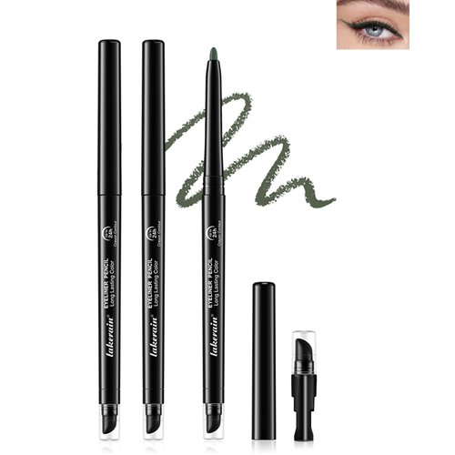 Dark Green Waterproof Eyeliner Gel Pencil- 2Pcs Smudge Proof Long Lasting Retractable Eyeliner Pen, Creamy Eyeliner Waterline, Smoky Makeup Eye Liner Pencils for Women, Built-In Sharpener & Smudger-06