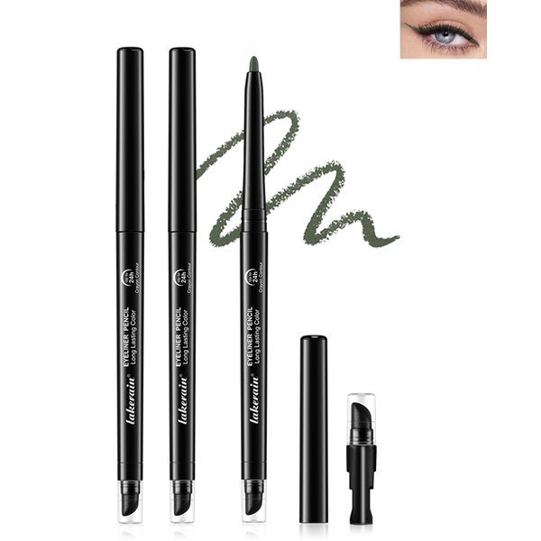 Dark Green Waterproof Eyeliner Gel Pencil- 2Pcs Smudge Proof Long Lasting Retractable Eyeliner Pen, Creamy Eyeliner Waterline, Smoky Makeup Eye Liner Pencils for Women, Built-In Sharpener & Smudger-06