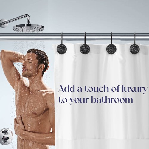 iToplin Shower Curtain Hooks, Decorative Shower Curtain Rings, Rust Resistant Metal Shower Hooks for Bathroom, Rust Proof Shower Hooks Hangers for Shower Curtain Rod, Curtain Hooks, Set of 12 (Black)