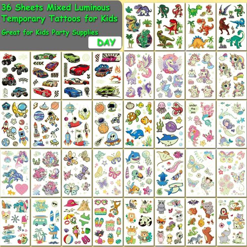 CHARLENT 300 Styles Glow in The Dark Tattoos for Kids, 36 Sheets Mixed Styles Luminous Temporary Tattoos for Boys Girls Party Favors Goodie Bag Fillers