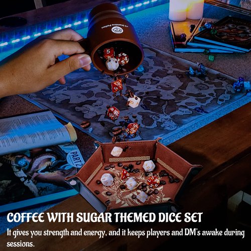 DND Coffee & Sugar Themed Dice Set (14 PCS) with +3 Stamina Potion Silicone Mug for Storage, 7 Acrylic Resin Polyhedral Gaming Dice for Dungeons and Dragons, Pathfinder and Tabletop RPG