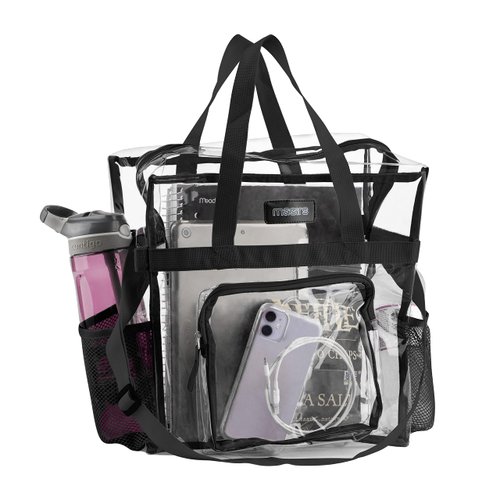 Masirs Clear Tote Bag Stadium Approved, Mesh Pockets, Shoulder Straps and Zippered Top, Perfect Clear Bag for Work, Sports Games and Concerts, Meets Stadium Tournament Guidelines, (Black)