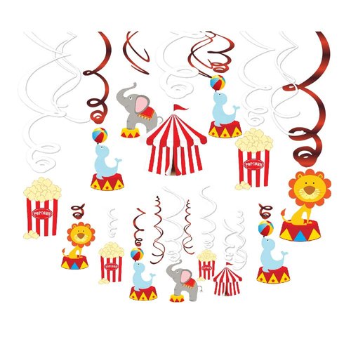 Kristin Paradise 30Ct Carnival Hanging Swirl Decorations, Circus Animals Party Supplies, Circo Birthday Favors for Kids, Baby Shower Ceiling Streamers, 1st, First Bday Theme Decor