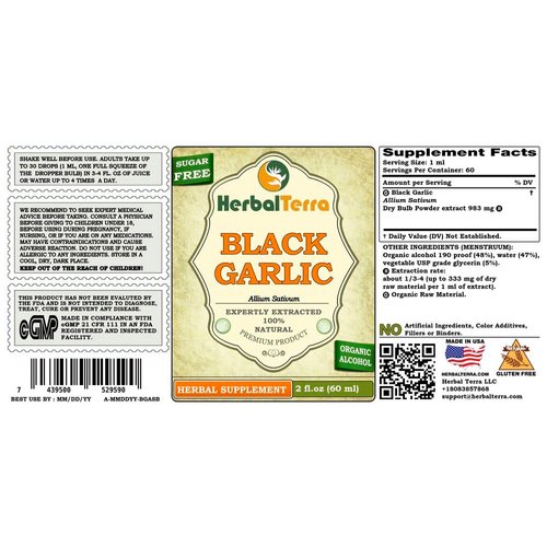 Herbal Terra LLC Black Garlic (Allium Sativum) Dried Bulb Powder Liquid Extract, Certified Organic 2 oz