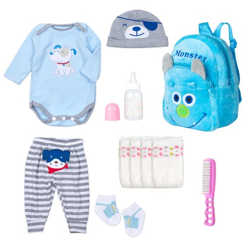 PEDOLLTREE Reborn Baby Doll Clothes Outfit Accessories Blue Puppy Set 11 Pcs Set for 17-22 Inch Reborn Doll Newborn Boy with Backpack Diaper