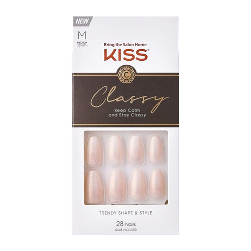 KISS Classy Press On Nails, Nail glue included, Cozy Meets Cute', Pink, Medium Size, Coffin Shape, Includes 28 Nails, 2g Glue, 1 Manicure Stick, 1 Mini File
