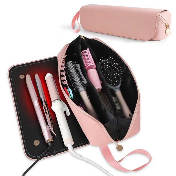 Doormoon 2-in-1 Curling Iron Travel Case, Leather Hot Tools Oganizer Hair Tool Travel Bag with Heat Resistant Mat for Flat Iron Hot Tools