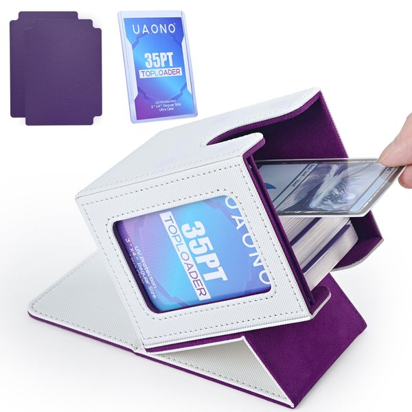 UAONO Card Deck Box with MTG Commander Display, Patented Design Card Deck Case Holds 100+ Double-Sleeved Cards, PU Leather Cards Storage Box For TCG with 2 Dividers, 1 Toploader (White&Purple)