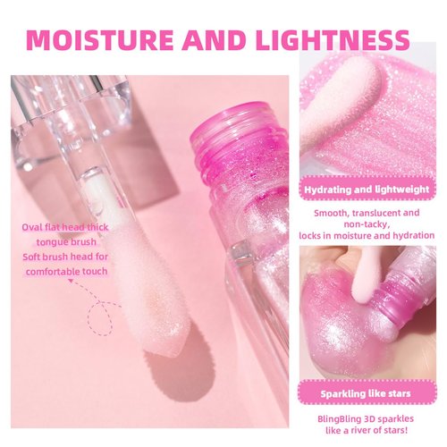 Hulyfw 2PCS Color Changing Lip Oil,pink Big Brush Head Long Lasting Moisturizing Smooth Non-Sticky Transparent Plumping Lip Glow Oil