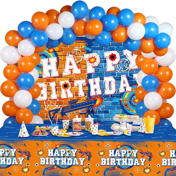 Irenare 62 Pcs Dart Battle Happy Birthday Party Decorations Dart Gun Birthday Supplies Gun Theme Birthday Party Decorations Dart Battle Banner Tablecloth and balloons for Kids Birthday Party Supplies