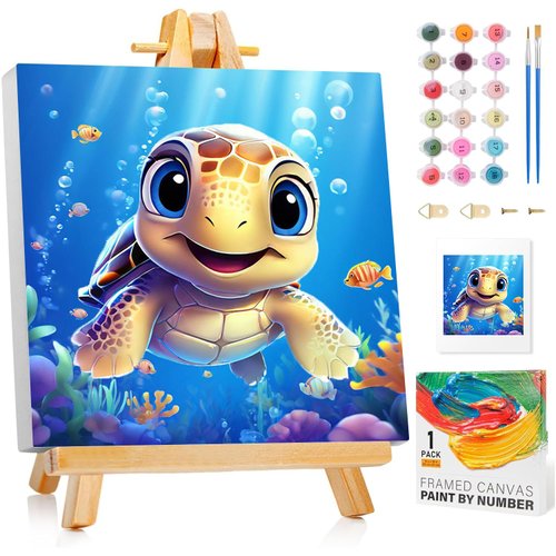 Reivworl Paint by Numbers Kit for Kids with Frame, Sea Turtles Kids Paint by Number Kits, Kids Paint by Number Kits Age 5-8 for Gifts and Home Decor (8X8Inch)