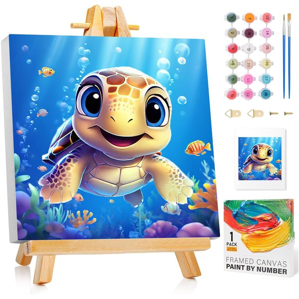 Reivworl Paint by Numbers Kit for Kids with Frame, Sea Turtles Kids Paint by Number Kits, Kids Paint by Number Kits Age 5-8 for Gifts and Home Decor (8X8Inch)