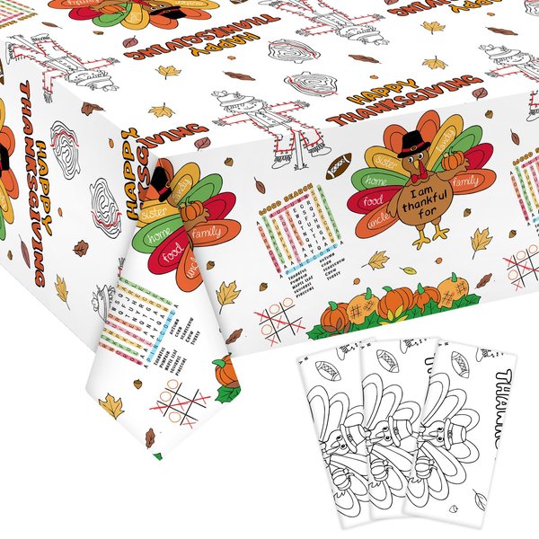 Sereliy 3 Piece Giant Thanksgiving Coloring Tablecloth Disposable for Kids,Fall Harvest Paper Coloring Table Cover with Turkey Pumkin for Children Thanksgiving Crafts.(Thanksgiving 3)