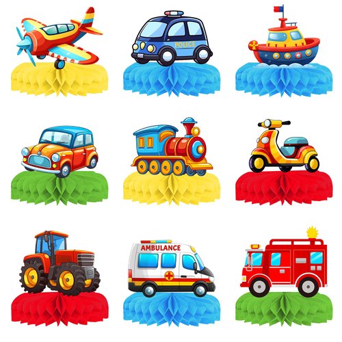 9 Pcs Transportation Birthday Party Decorations, Transportation Themed Birthday Decorations Car Truck Honeycomb Centerpieces for Table Party Supplies Birthday Decorations for Kids Boys