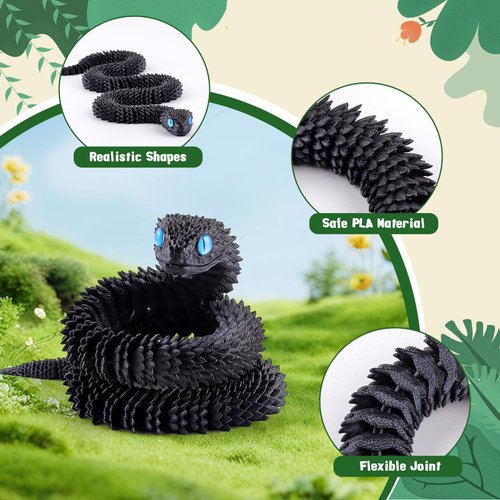 3D Printed Animal Snake, 23.6 Inches 3D Printed Snake Toy,3D Printed Simulate Snake Animal Articulated Flexible Snake Funny Fidget Toys Home Class Prize Christmas Party Favors（Balck）