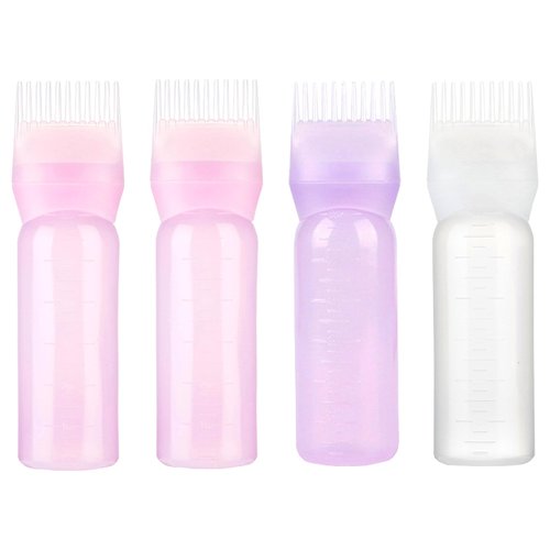 SHEHARUHI 4 Pack 6 Ounce Root Comb Applicator Bottle Applicator Bottle for Hair Dye Hair Oil Applicator Brush with Graduated Scale(Pink, White, Purple)