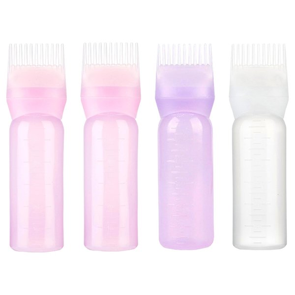 SHEHARUHI 4 Pack 6 Ounce Root Comb Applicator Bottle Applicator Bottle for Hair Dye Hair Oil Applicator Brush with Graduated Scale(Pink, White, Purple)
