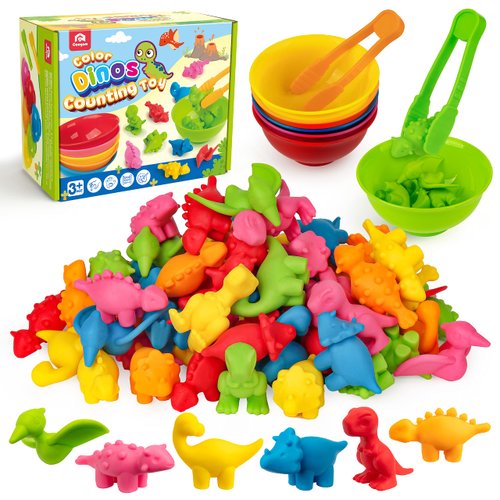 Coogam Counting Dinosaur Sorting Toy Set, Color Matching Classification Game, Montessori Fine Motor Skill Preschool Educational Montessori Learning Toys for 3 4 5 Years Old