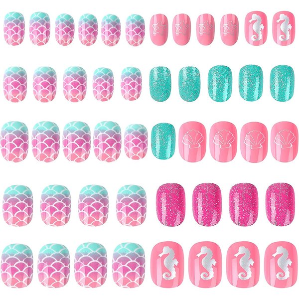 JANYUN 48 Pcs False Nail Stick on Nails Kids Full Cover Short False Nail Children Nails Gift for Kids Little Girls Nail Art Decoration