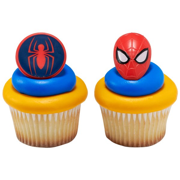 DecoPac Marvel's Spider-Man™ Spider and Mask Rings, Spider-Man Cupcake Decorations, Red and Blue Food Safe Cake Toppers – 24 Pack