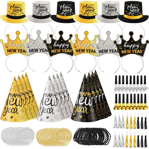 84Pcs New Year’s Eve Party Supplies for 24 Guest Black Gold Wearables Noisemakers 2025 Happy New Year Party Decoration include Cone Hats Tiaras Tassel Squawkers Beaded Necklace Great Party Favors