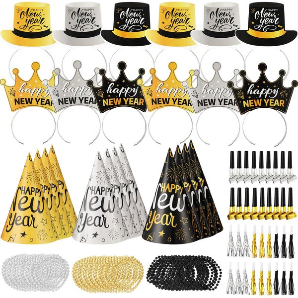 84Pcs New Year’s Eve Party Supplies for 24 Guest Black Gold Wearables Noisemakers 2025 Happy New Year Party Decoration include Cone Hats Tiaras Tassel Squawkers Beaded Necklace Great Party Favors