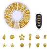 DANNEASY Gold Nail Studs Metal Nail Charms 3d Nail Art Charms Manicure Decoration Kit Star Moon Shell Cross Flower Nail Jewels with 1pc Curved Tweezers, Wax Pen (6 Wheels)