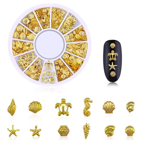 DANNEASY Gold Nail Studs Metal Nail Charms 3d Nail Art Charms Manicure Decoration Kit Star Moon Shell Cross Flower Nail Jewels with 1pc Curved Tweezers, Wax Pen (6 Wheels)