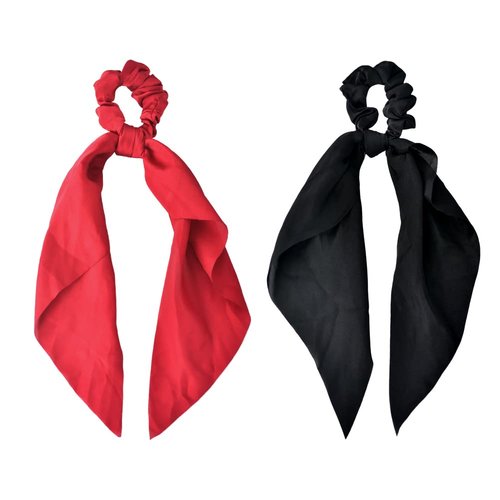 Satin Ribbon Elastic Hair Scrunchies, Knotted Ponytail Holders, and Bow Hair Ties - 2Pcs Set for Women and Girls in Red and Black