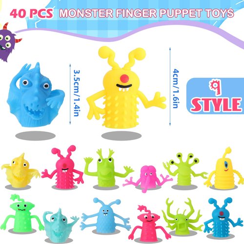 40 PCS Finger Puppets Toys Cute Monster Soft Rubber Stretchy Toys for Role Playing Birthday Kids Party Favors Fidget Doll, 9 Random Styles