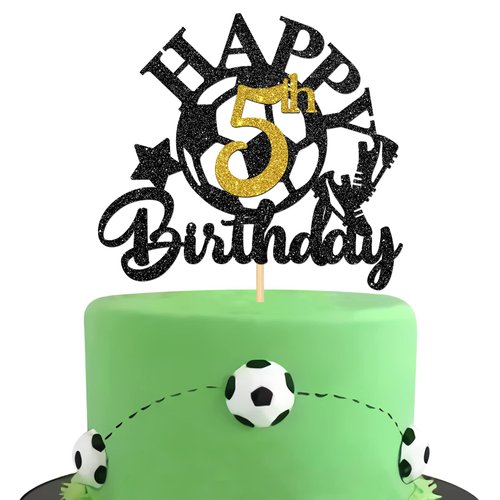 Halodete Soccer Ball Happy 5th Birthday Cake Topper - Sport Theme 5th Birthday Cake Decor - Football Birthday Party Decorations for Children Kids - Glitter Black (5th)