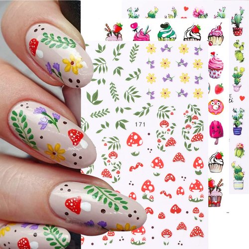 5 PCS Flowers Nail Art Stickers Decals Mushroom Cactus Leaf Design Stickers Self Adhesive Decals Floral Watercolor Nail Decals for Girls Women Nail Stickers Nail Art Supplies DIY Manicure Decoration