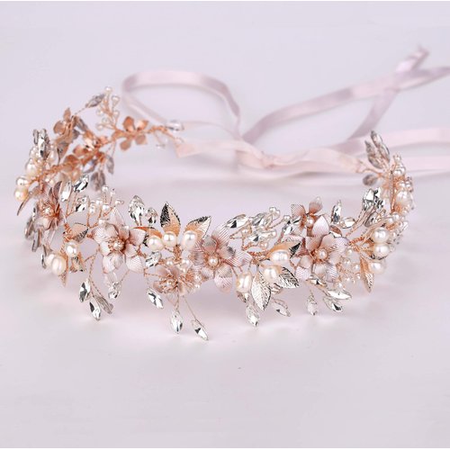 Oriamour Wedding Headband Bridal Headpiece Flower Design With Genuine Freshwater Pearls And Ribbons Hair Accessories For Bride (Rose Gold)