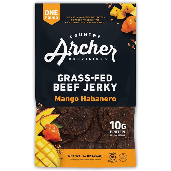 Country Archer Grass-Fed Beef Jerky - Beef Jerky Snack Pack, Beef Jerky Bulk, Individual Beef Jerky Pack, Protein Snack, Country Archer Beef Jerky, Gluten Free, Paleo - Mango Habanero, 16 oz