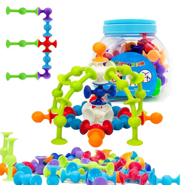 BAIVYLE 48 Piece Suction Cup Toys Construction Set - Silicone Building Blocks DIY Fun Bath Toys for Kids Ages 1-3, Toddler Travel Toys, Darts Sucker Toys with Toddler Road Trip Essentials