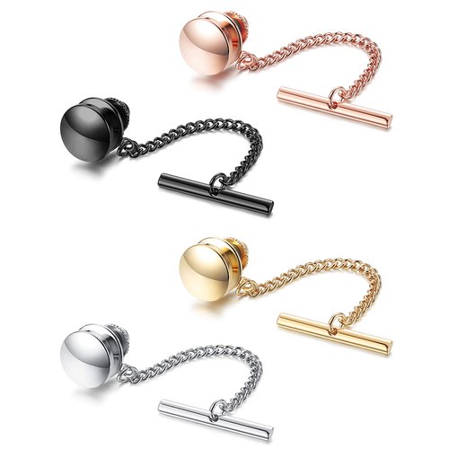 YADOCA 4 Pcs Mens Tie Tack Clutch with Chain Wedding Business Accessories Black Silver Gold Rose Gold Tone