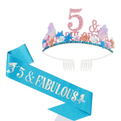 Didder 5th Mermaid Theme Birthday Party Sash and Crown Outfit for Little Girls Ocean Themed Birthday Party Decorations for Girls