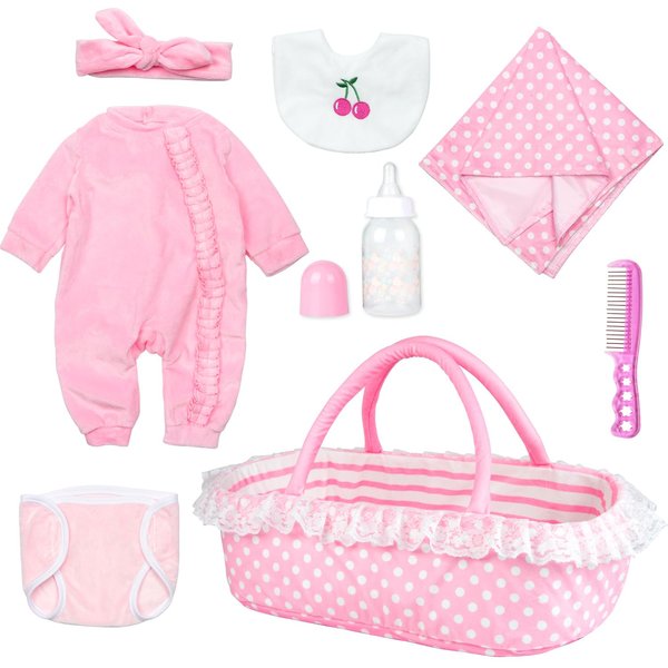 8 Pcs Reborn Baby Doll Clothes with Bassinet for 17-22 inch Baby Doll Reborn Baby Girl Accessories Pink Set