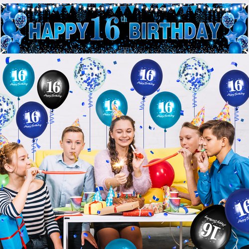 Blue Black 16th Birthday Banner Happy 16th Birthday Decorations for Boys Girls with 20 PCS Sweet 16th Birthday Balloons for 16 Years Old Anniversary Birthday Party Supplies Indoor Outdoor Decor