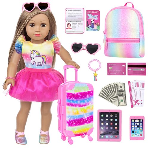 DONTNO American 18 Inch Doll Travel Suitcase Play Set with 18 Inch Doll Clothes and Accessories Including Backpack Phone Passport Sunglasses etc