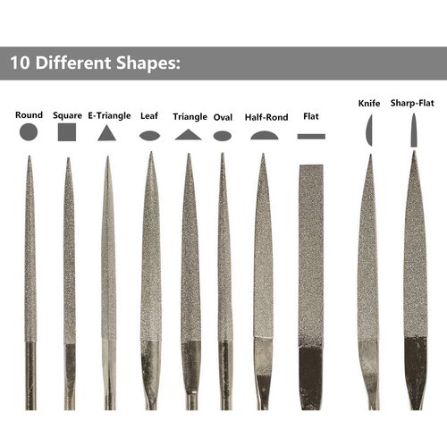 YAKAMOZ 10-Piece Mini Diamond Needle File Set 2x100mm Small Metal Riffler Files Jewelers File Precision Hand Tools for Glass Wood Stone Jewelry - Round Triangular Square Flat Shape