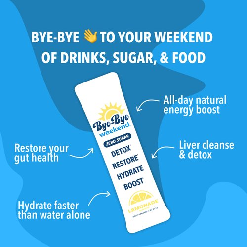 Bye-Bye Weekend Recovery & Hydration Drink Mix - Electrolytes, Probiotics, Vitamins for Liver & Gut - Goodbye Fatigue, Brain Fog - Zero Sugar Lemonade Powder - 10 Pack